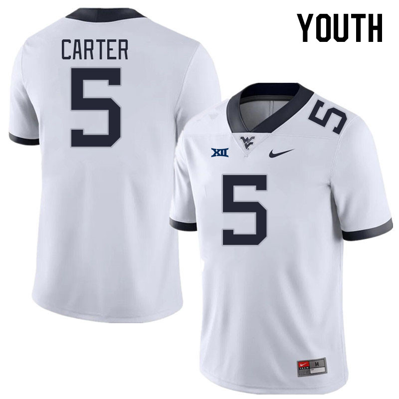 Youth #5 Devin Carter West Virginia Mountaineers College Football Jerseys Stitched Sale-White - Click Image to Close